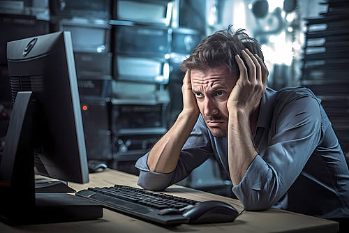 Gestresster IT-Experte vor Computer