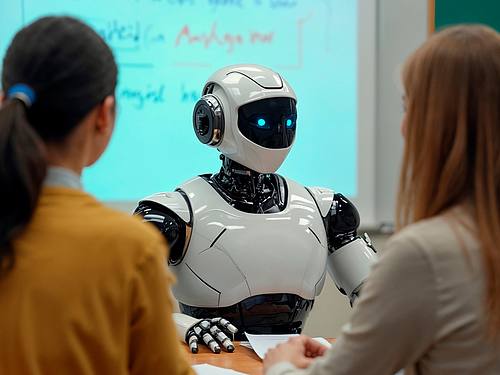 Roboter redet zu zwei Menschen 