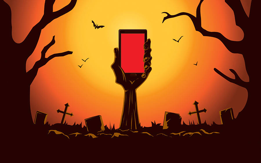 Comic-Illustration einer Hand die samt Smartphone aus einem Grab ragt