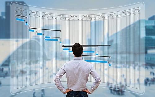 Geschäftsmann vor einem großen Projektmanagement-Plan