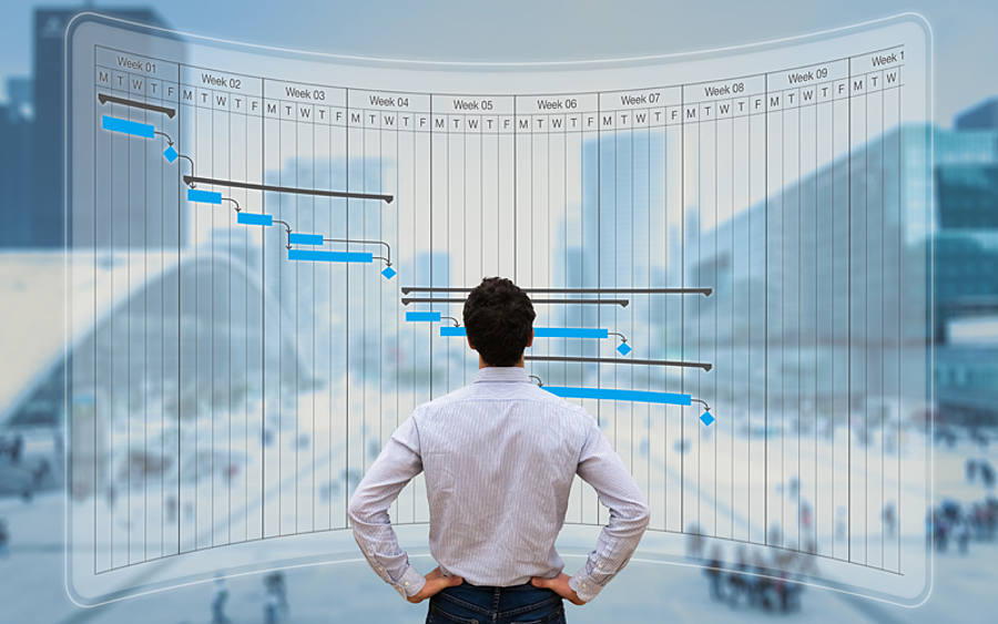 Geschäftsmann vor einem großen Projektmanagement-Plan