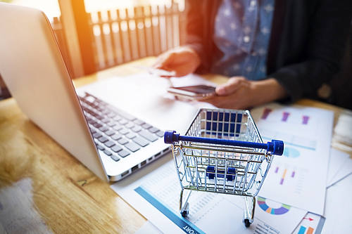 Frau gibt Karteninformationen und Schlüssel auf Laptop beim Online-Shopping ein