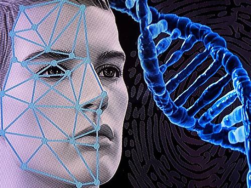 Eine Computergrafik zum Thema Gesichtserkennung (l), eine Darstellung einer DNA-Doppelhelix (M) und ein symbolischer Fingerabdruck (im Hintergrund) sind auf einem Monitor am bayerischen Landeskriminalamt zu sehen. Foto: Sven Hoppe/dpa