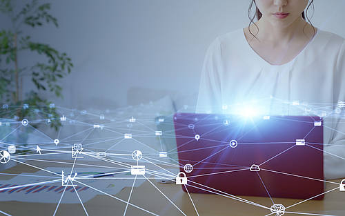 Frau am Notebook mit Netzwerkstruktur