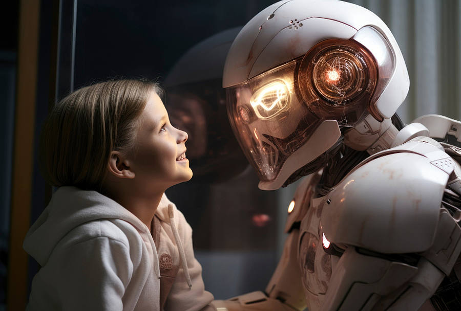 ki-generiert Kind redet mit Roboter