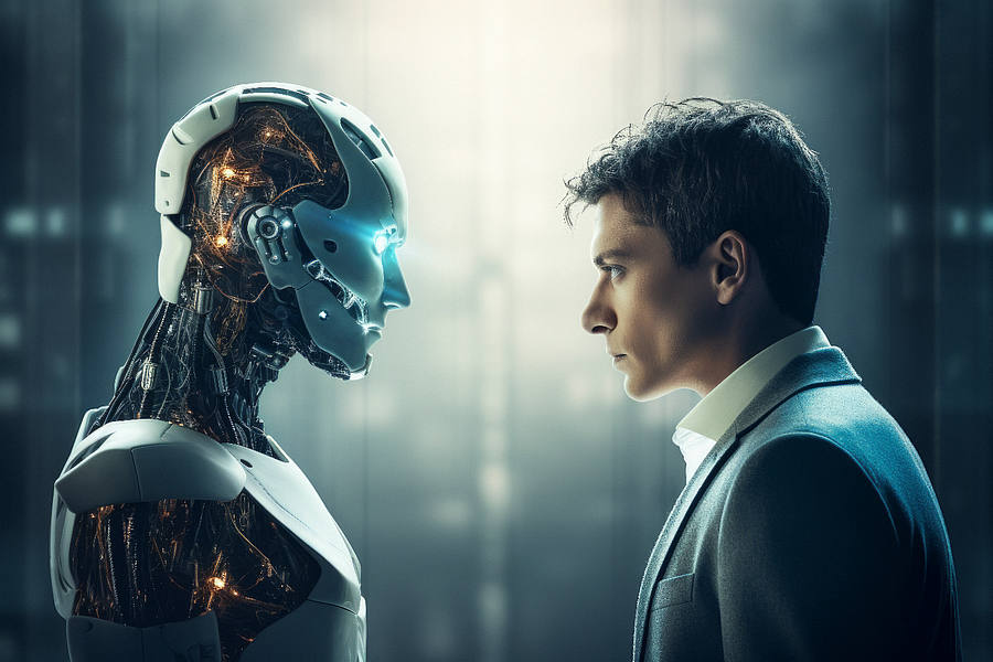 Mensch und Roboter stehen sich gegenüber