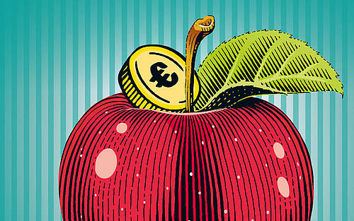 Illustration eines Apfels mit einer Goldmünze