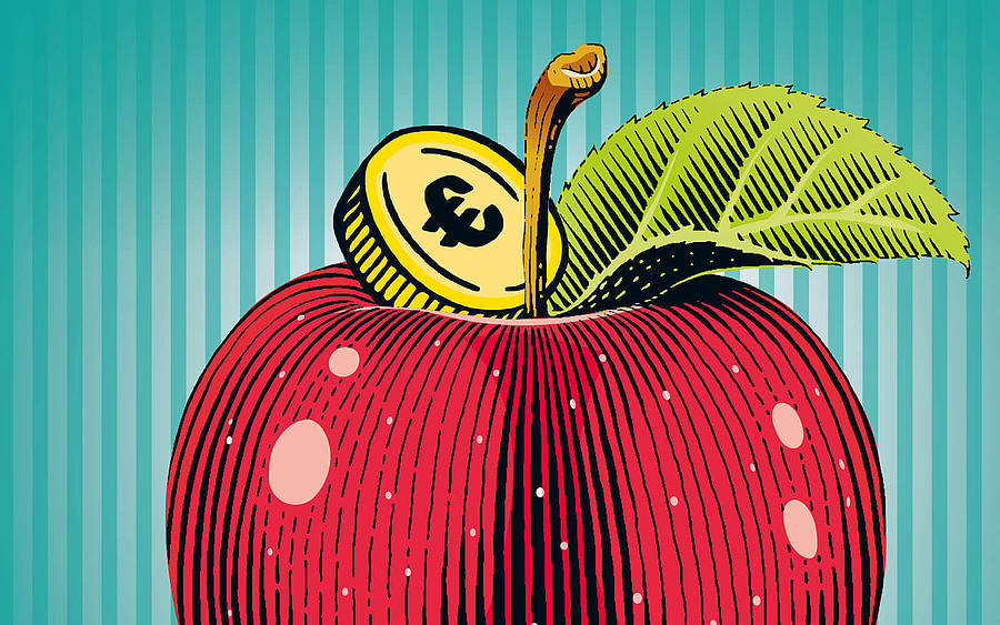 Illustration eines Apfels mit einer Goldmünze