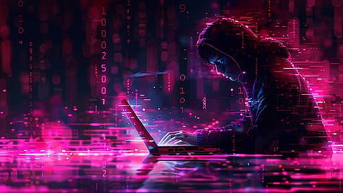 Hacker vor futuristischem Hintergrund