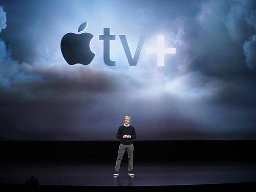 Apple-Produktvorstellung mit CEO Tim Cook. Apple TV+ soll ebenso wie Disney+ im November starten. Foto: Tony Avelar/AP
