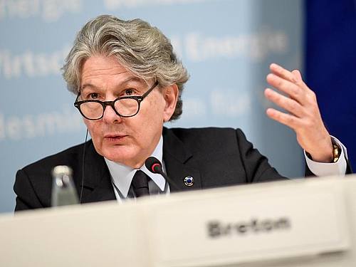 EU-Kommissar Thierry Breton Anfang des Jahres während einer Pressekonferenz in Berlin. Foto: Britta Pedersen/dpa-Zentralbild/dpa
