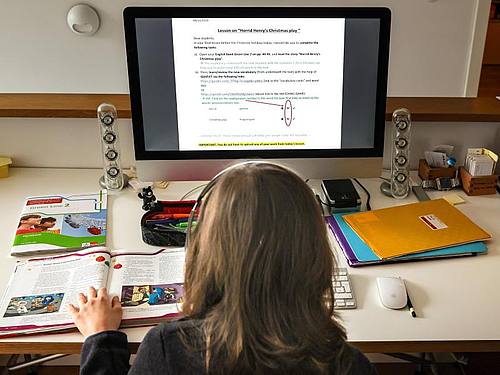 Ein zwölfjähriger Gymnasiast löst am Computer in seinem Zuhause seine Schulaufgaben, die ihm seine Lehrer für jeden Tag über den Schulserver geschickt haben. Foto: Ulrich Perrey/dpa
