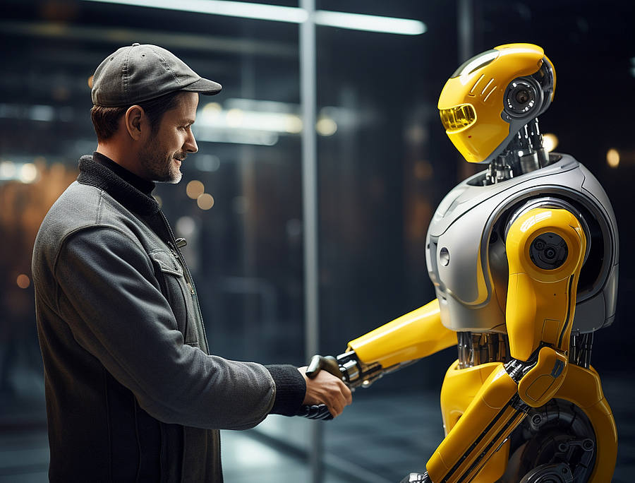 Arbeiter und Roboter begrüßen sich mit Handschlag