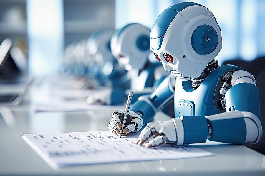 Roboter sitzen an Schreibtischen und schreiben Texte