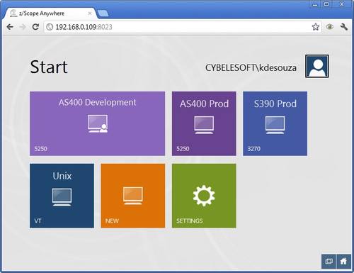 Die Startseite der Terminalemulation z/Scope Anywhere.