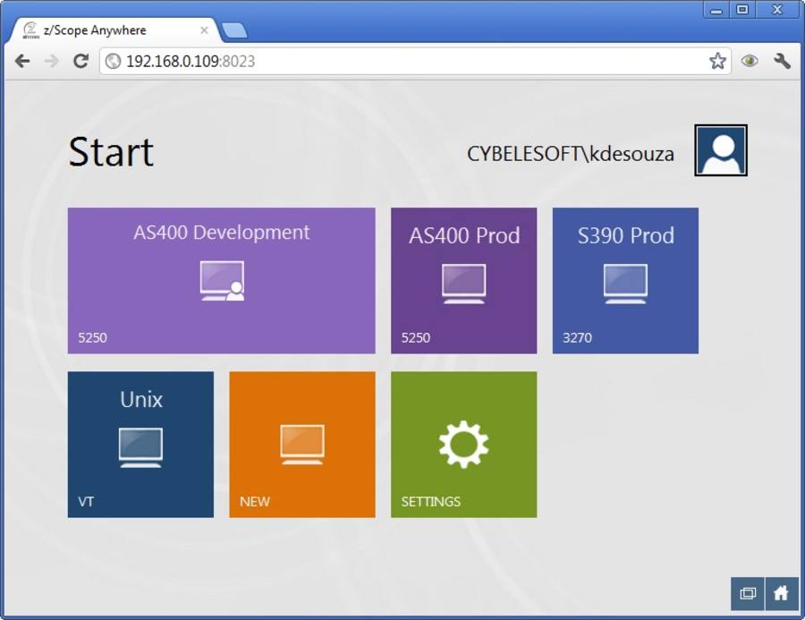 Die Startseite der Terminalemulation z/Scope Anywhere.