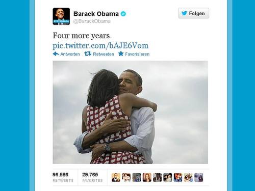 Obamas Sieges-Tweet 2012: «Four more years.» (vier weitere Jahre). Bald gibt der jetzige US-Präsident seinen Account ab. Foto: Twitter/Archiv