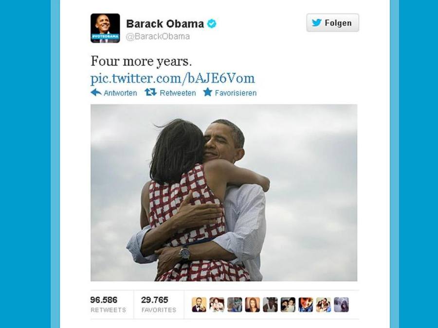 Obamas Sieges-Tweet 2012: «Four more years.» (vier weitere Jahre). Bald gibt der jetzige US-Präsident seinen Account ab. Foto: Twitter/Archiv