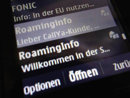 Nicht mehr lange: Auf dem Display eines Handys werden Roaming-Informationen für die Nutzung im dem Ausland angezeigt. Foto: Soeren Stache