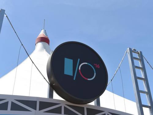 Logo der Entwicklerkonferenz Google I/O 2016 im kalifornischen Mountain View. Foto: Andrej Sokolow