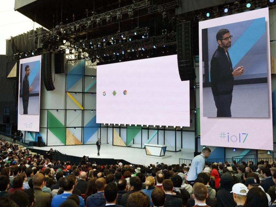 Teilnehmer der Entwicklerkonferenz Google I/O 2017 im kalifornischen Mountain View. Foto: Christoph Dernbach