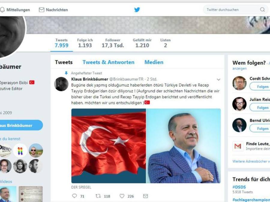 Screenshot des gehackten Twitter-Accounts von Spiegel-Chefredakteur Klaus Brinbäumer ((Foto: dpa))