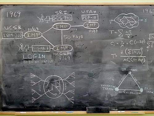 Die Aufnahme zeigt eine Tafel in der Boelter Hall der Universität UCLA mit Faksimiles einiger der Gleichungen und Schaltpläne, die 1969 zum Arpanet führten. Foto: -/UCLA/dpa
