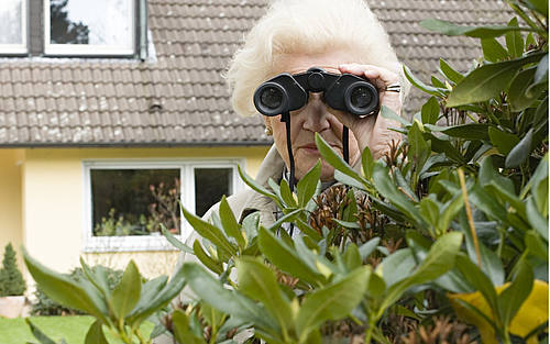 Wachsame Rentnerin mit Fernglas im Garten
