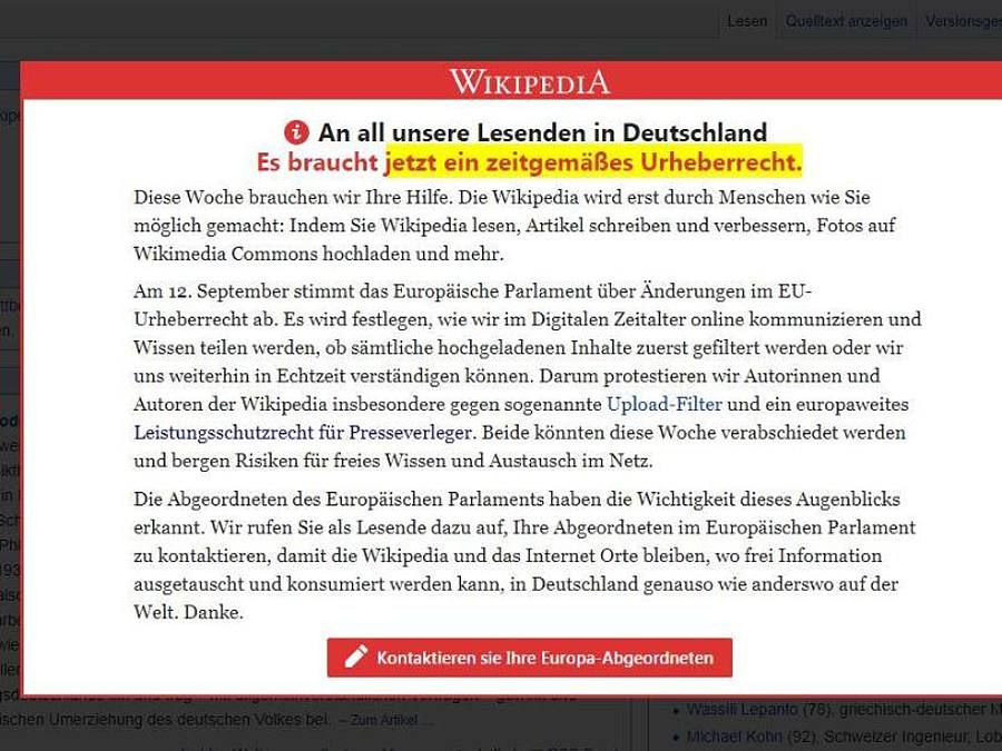 Vorschalt-Seite der freien Internet-Enzyklopädie Wikipedia, auf der zum Protest gegen die geplante Reform des europäischen Urheberrechts aufgerufen wird. Foto: Wikipedia