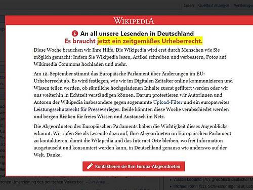Vorschalt-Seite der freien Internet-Enzyklopädie Wikipedia, auf der zum Protest gegen die geplante Reform des europäischen Urheberrechts aufgerufen wird. Foto: Wikipedia