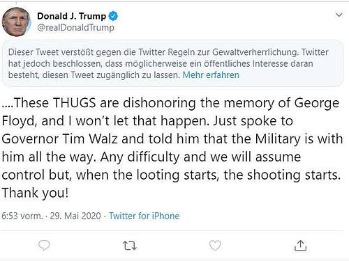 Twitter hat noch einen weiteren Tweet von Donald Trump mit einem Warnhinweis versehen. Foto: ---/Twitter/dpa