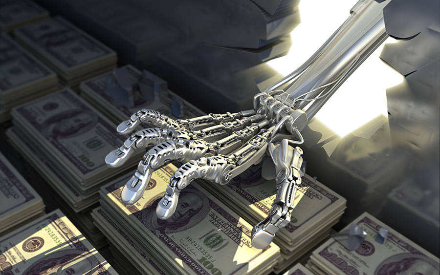 Ein Roboterhand stiehlt Bargeld aus einem Tresor