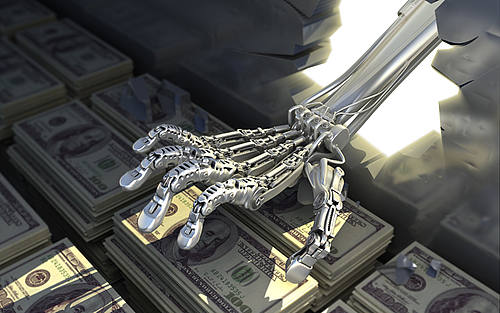 Ein Roboterhand stiehlt Bargeld aus einem Tresor
